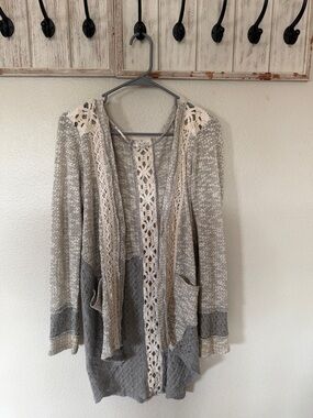 Miss Me Gray and Cream Open Crochet-Trim Cardigan